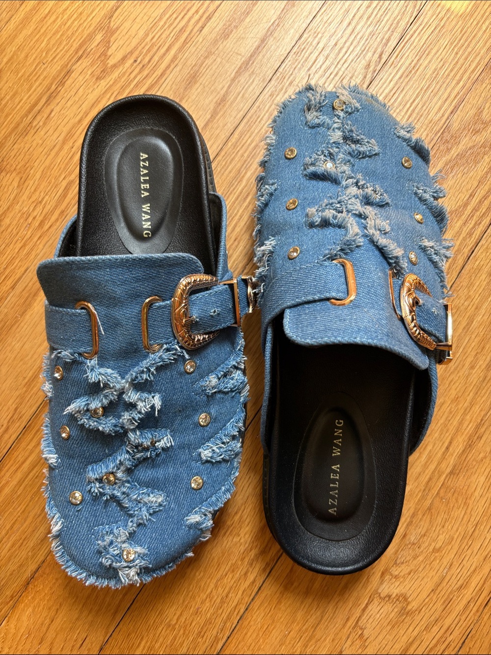 Frayed Denim Buckle Mules in Blue - Picture 2 of 3